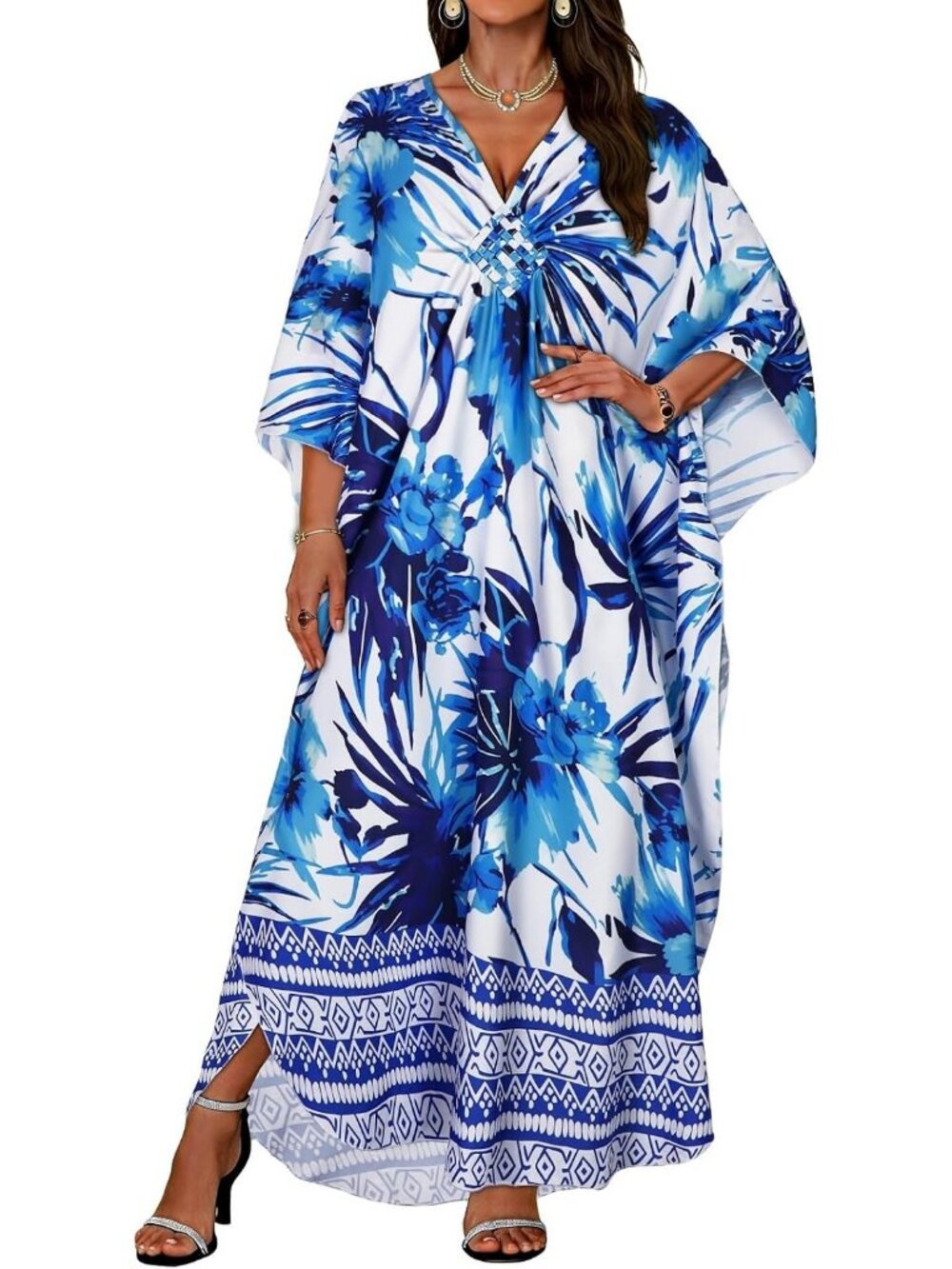 Women Blue Floral Boho Polyester V Neck Printed Batwing Sleeves Kaftan Coverup